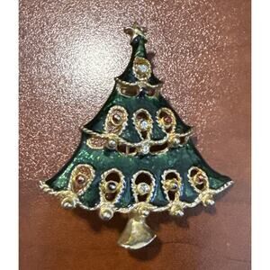 Vintage Christmas Tree Enamel Pin Green Gem Ornaments Gold Brooch Holiday Retro